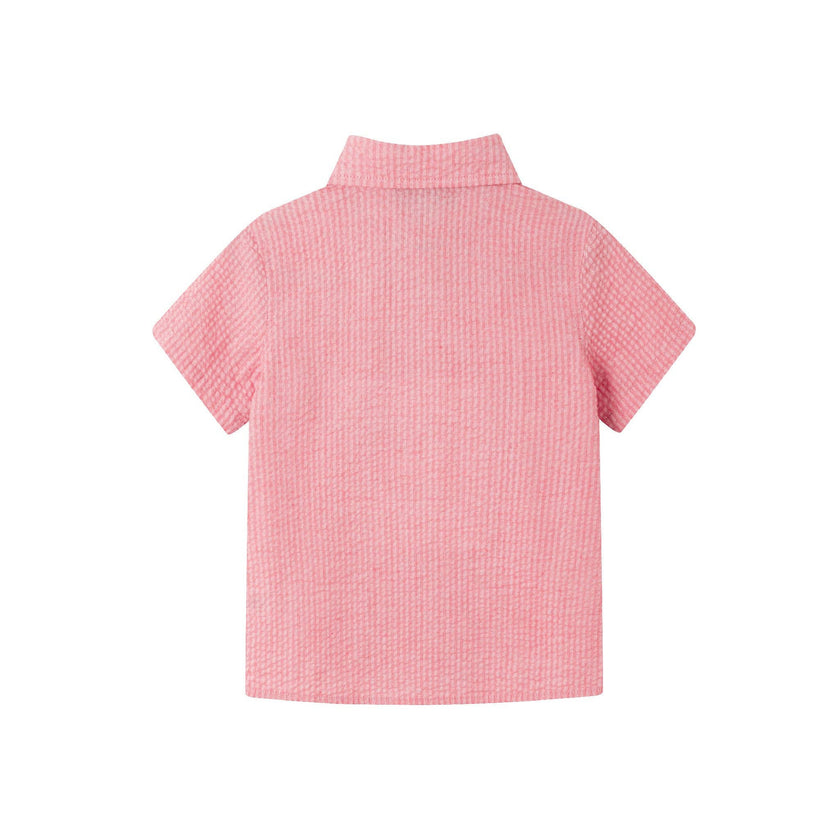 Kids Short Sleeve Buttondown & Short Set | Coral Seersucker