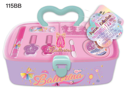 The perfect size for a beauty caboodle with the girly makeup accessories. enjoy our see-through caboodle to store many beauty pieces. Contains: 1 Cosmetic Caddy with removable tray 1 Eyeshadow Palette with applicator 1 Lip Gloss 2 Scented Nail Polishes 1 Nail File 2 Toe Separators