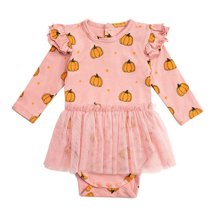 The&nbsp;Pumpkin&nbsp;Blush Long Sleeve Tutu Bodysuit is a&nbsp;fun and festive&nbsp;bodysuit for babies celebrating Fall! Features: * Bodysuit Color:&nbsp;Blush * Graphic Color:&nbsp;Orange, Brown * Material:&nbsp;95% Cotton/5% Spandex * Features:&nbsp;Snap Closure at back and bottom for easy dressing, elastic empire waist for extra comfort * Fit:&nbsp;Infant Unisex * Care:&nbsp;Machine washable, tumble dry low Pair this tutu bodysuit with a Sweet Wink baby headband for the perfect outfit!
