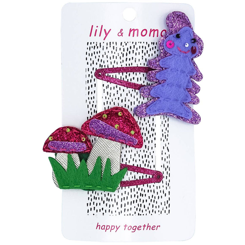 Caterpillar & Mushroom Kids Hair Clips- Purple and Pink