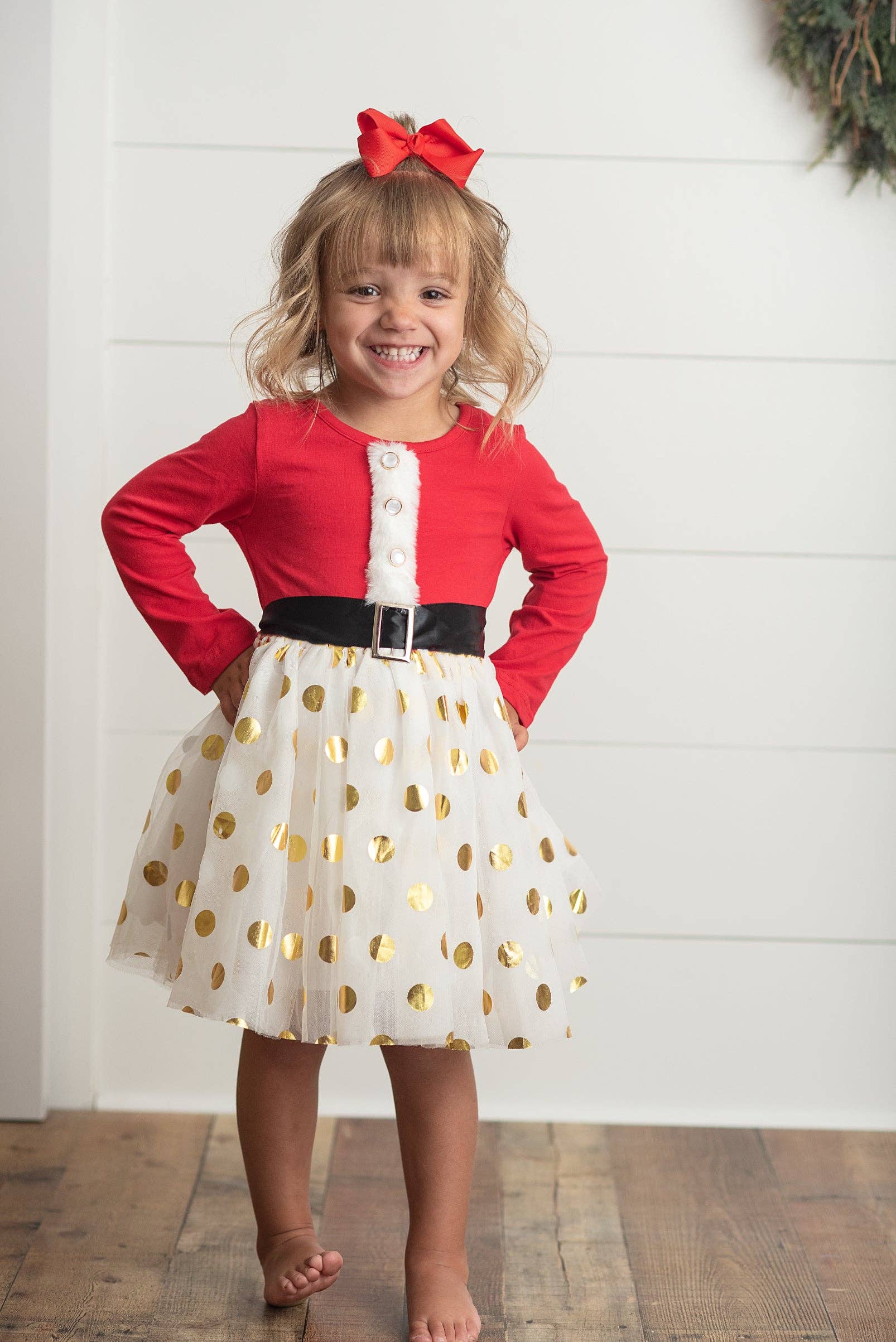 Kids Santa Bow Gold Dot Tulle Christmas Holiday Dress