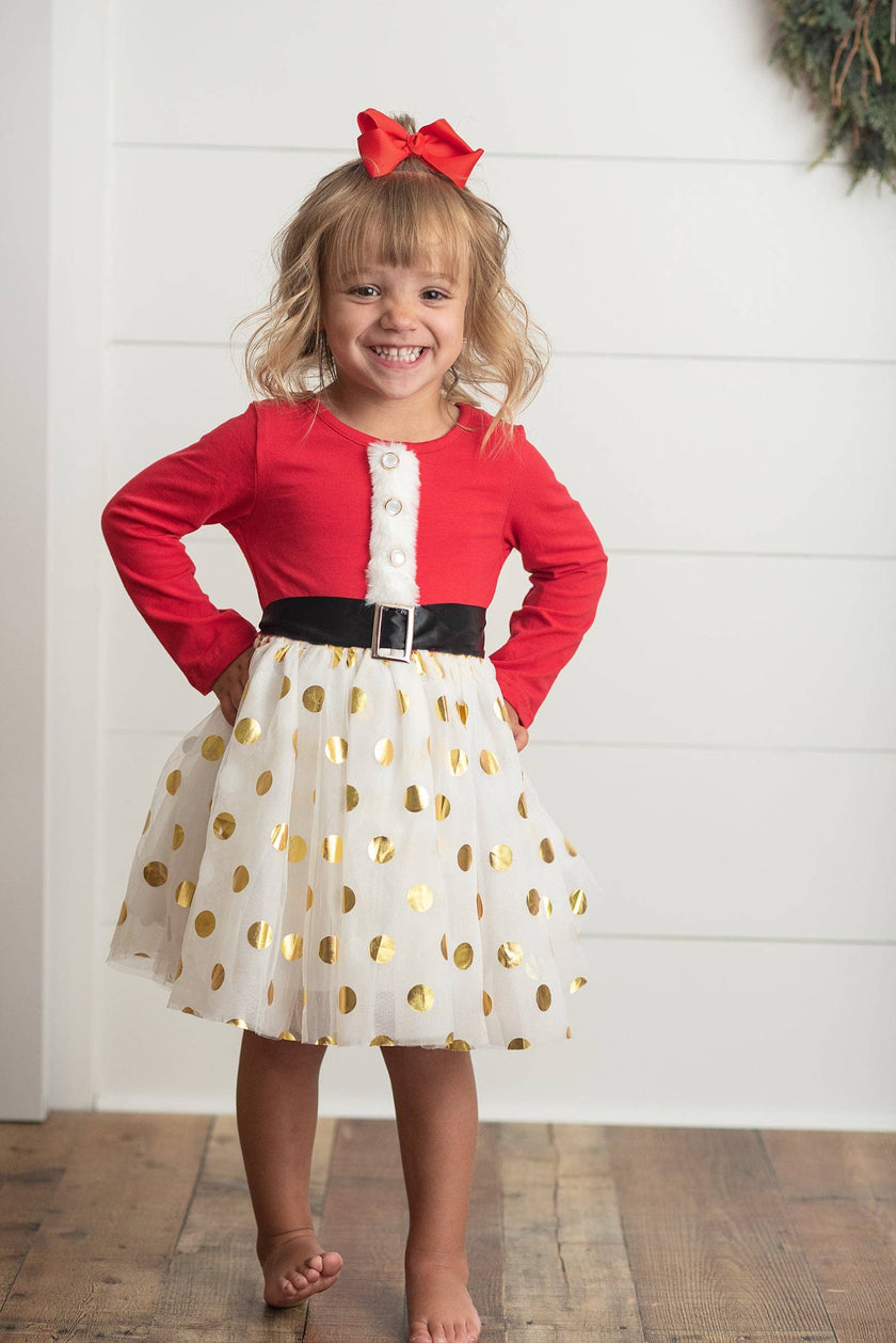 Kids Santa Bow Gold Dot Tulle Christmas Holiday Dress