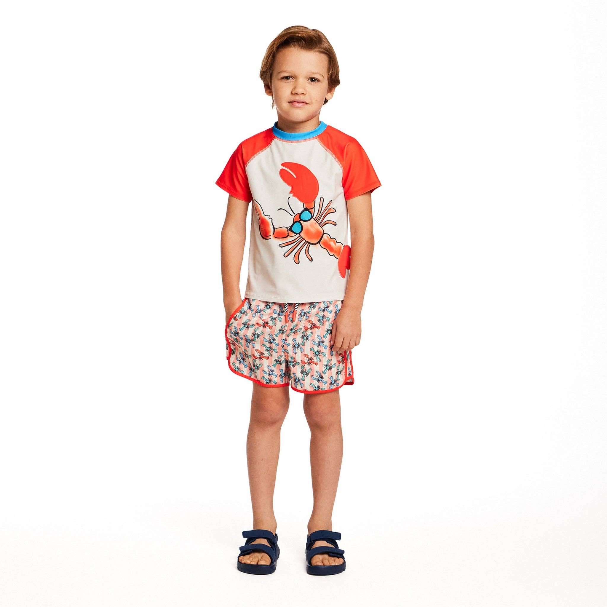 Boys Short Sleeve Rashguard Set | Orange Lobster