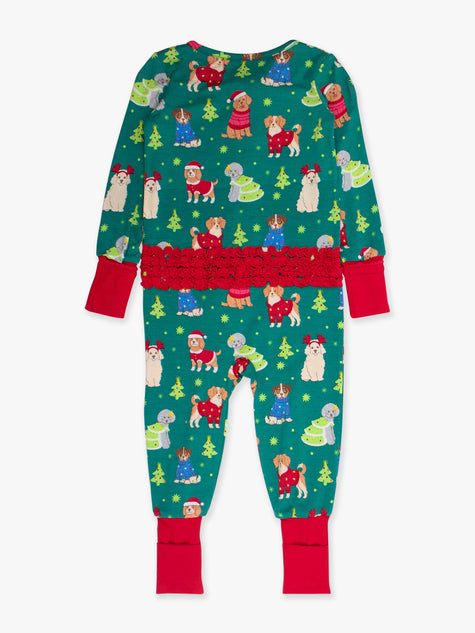 Baby Girls Paw-liday Pals Christmas Dogs Bamboo Viscose Convertible Ruffle One Piece Footie Pajama