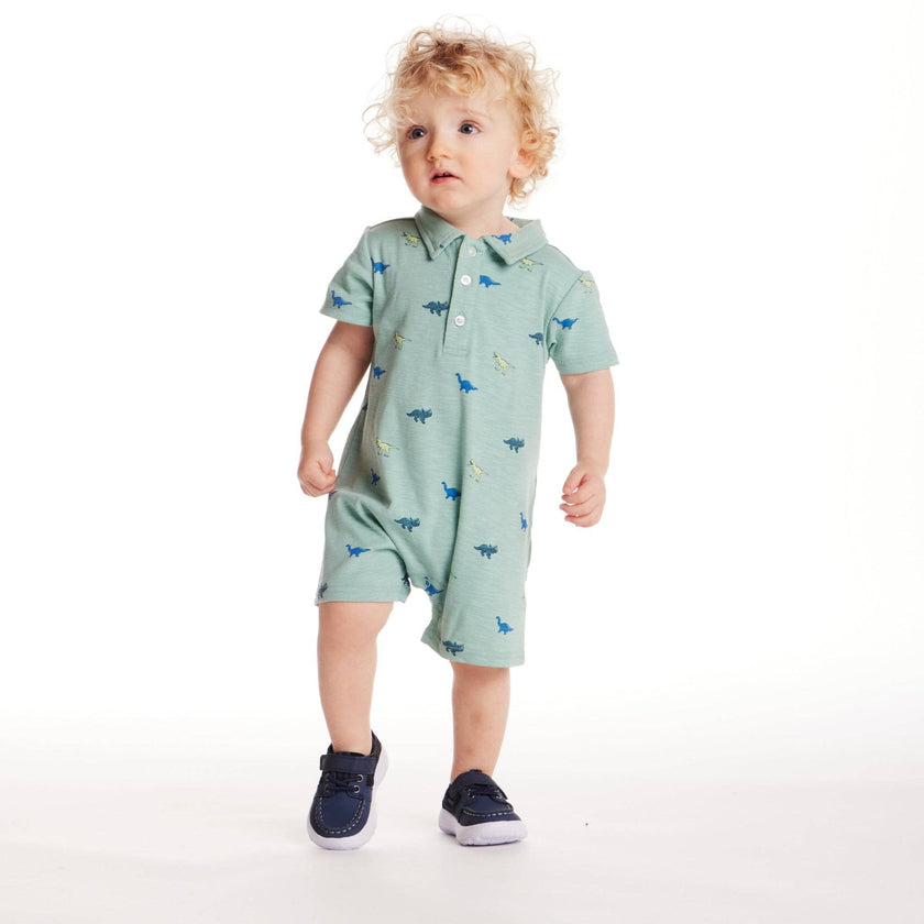 Infant Print Polo Romper | Dinosaurs