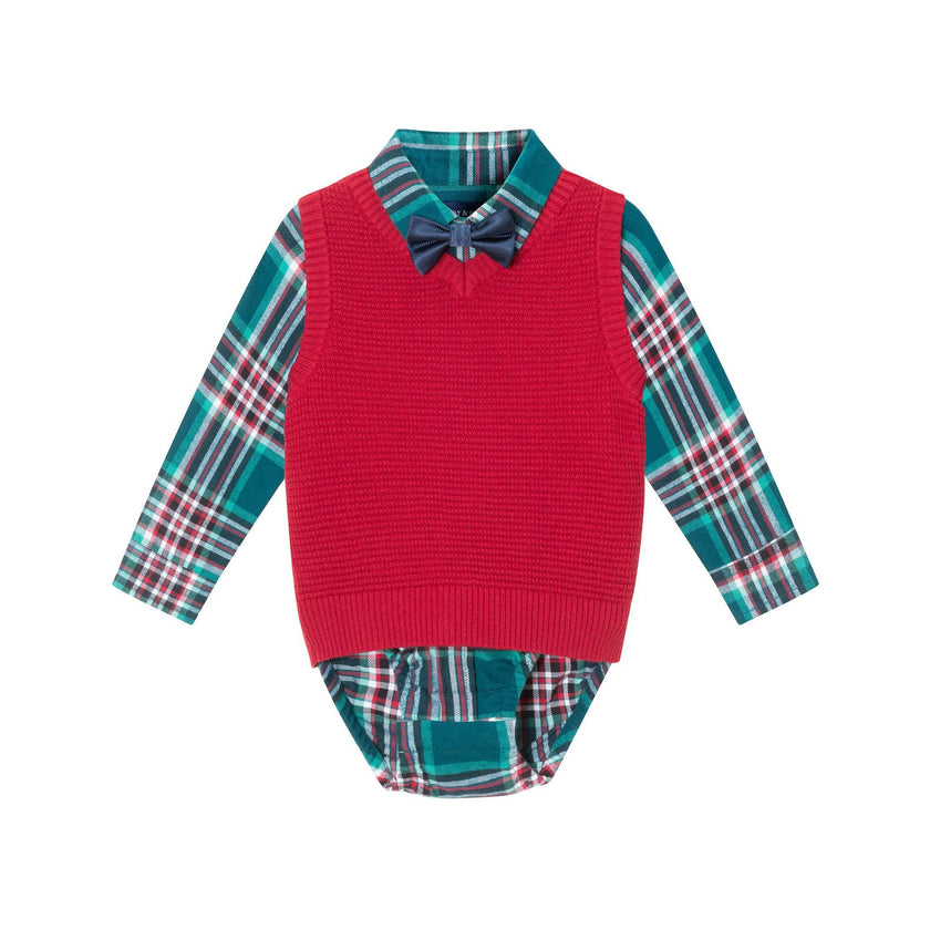 Checkered Maroon Infant Buttondown & Sweater Vest Set