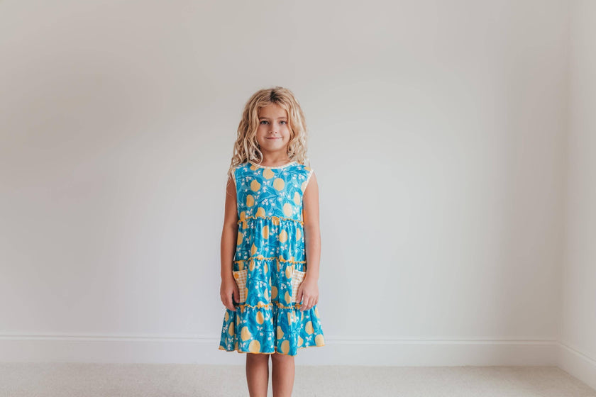 Kids Teal Lemon Pocket Bow Spring Easter Ruffle Dress