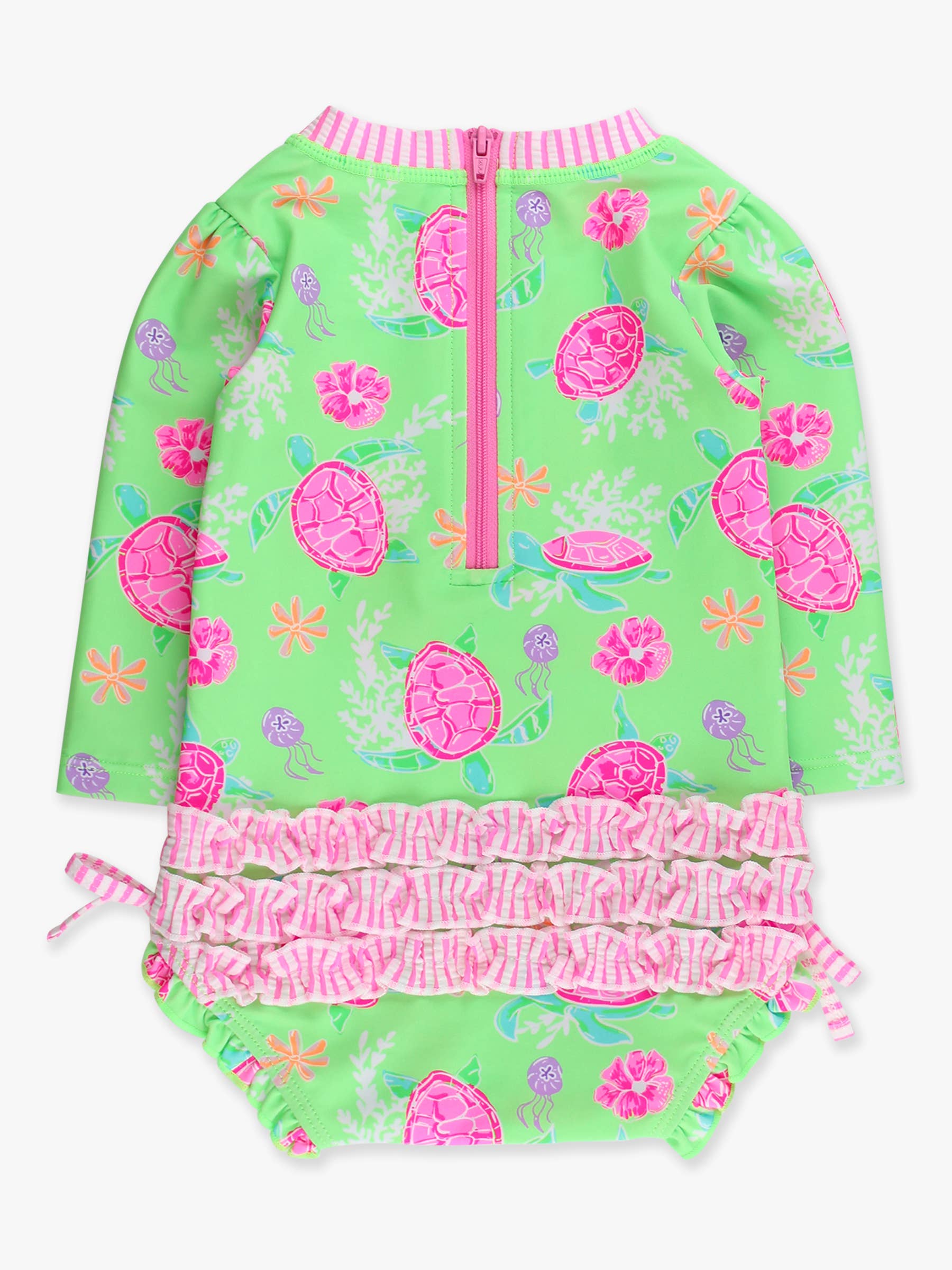 Baby Girls Neon Turtle Tide Long Sleeve One Piece Rash Guard Swimsuit with Signature Rear Ruffles