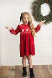 Kids Embroidered Santa Smocked Velvet Holiday Dress