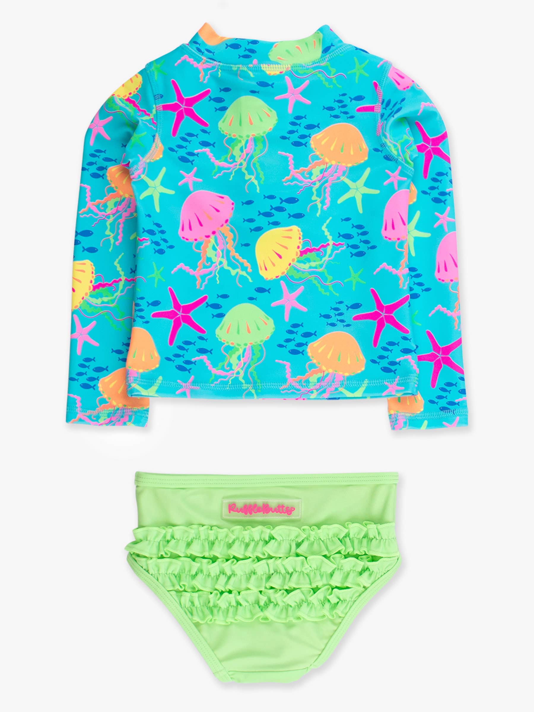 Girls Neon Jelly Time Long Sleeve Zipper Rash Guard 2-Piece Swimsuit with Signature Rear Ruffles