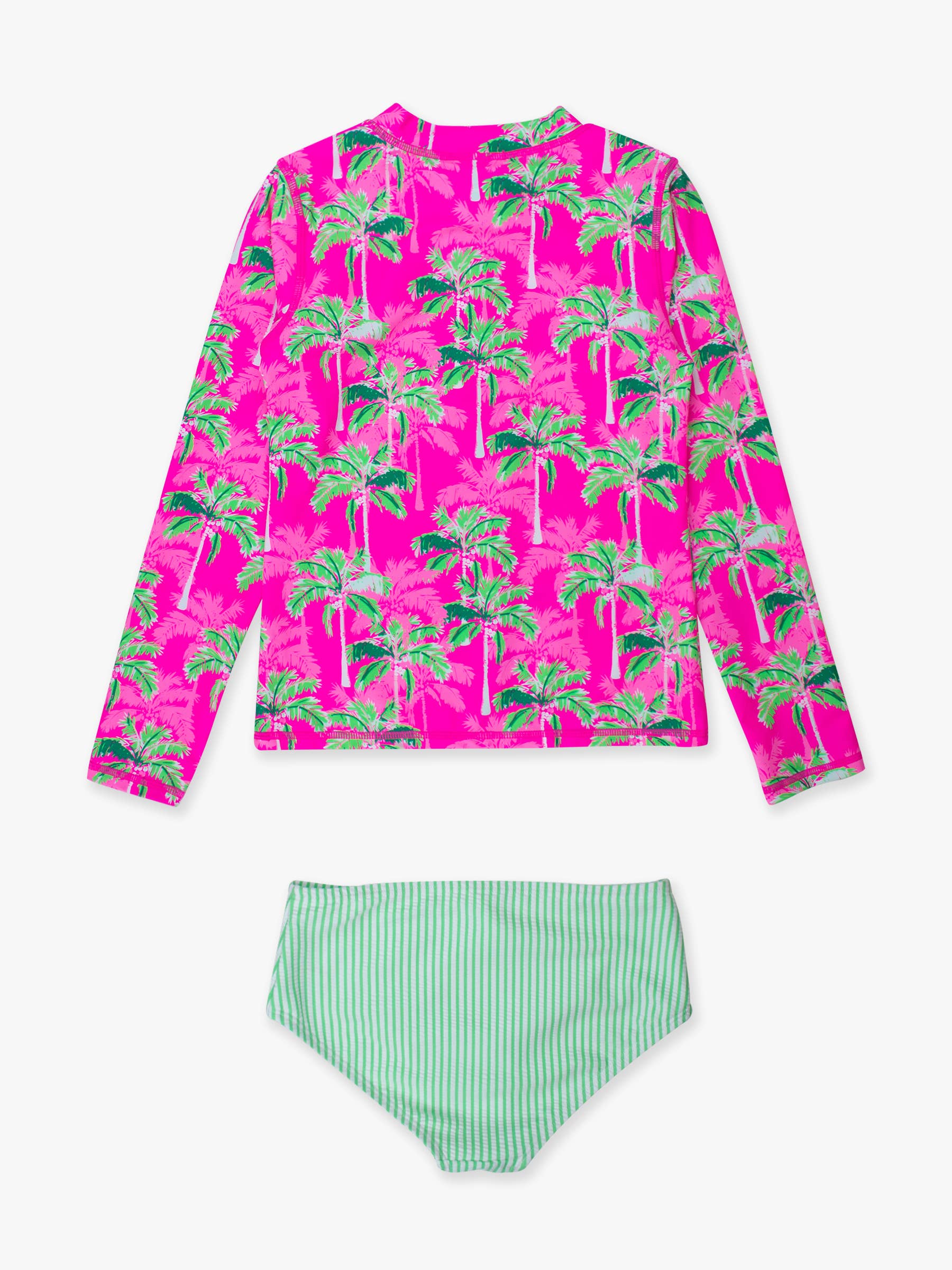 Tween Girls Neon Palm Paradise Long Sleeve Zipper Rash Guard 2-Piece Swimsuit