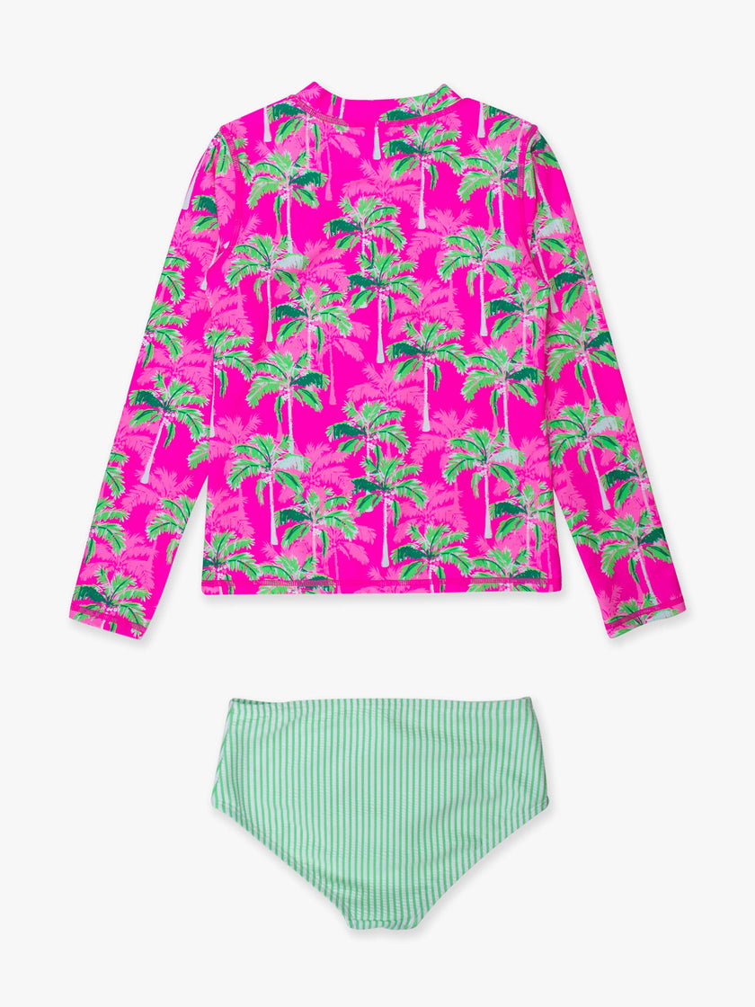 Tween Girls Neon Palm Paradise Long Sleeve Zipper Rash Guard 2-Piece Swimsuit