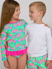 Girls Neon Flamingo Fun Long Sleeve Rash Guard 2-Piece Swimsuit with Signature Rear Ruffles