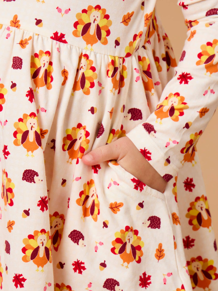Girls Thanksgiving Turkey Gobble Knit Long Sleeve Twirl Dress