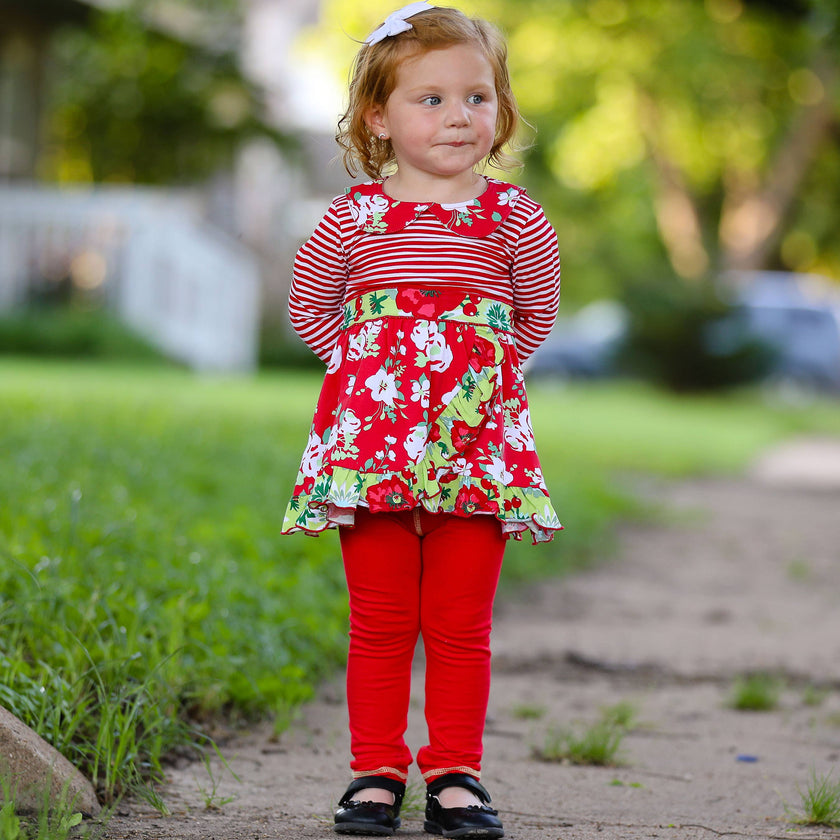 Girls Red Floral Stripes Christmas Dress & Leggings