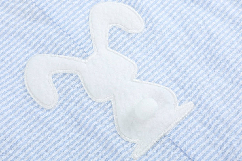 Light Blue Seersucker Pom Pom Bunny Shortalls