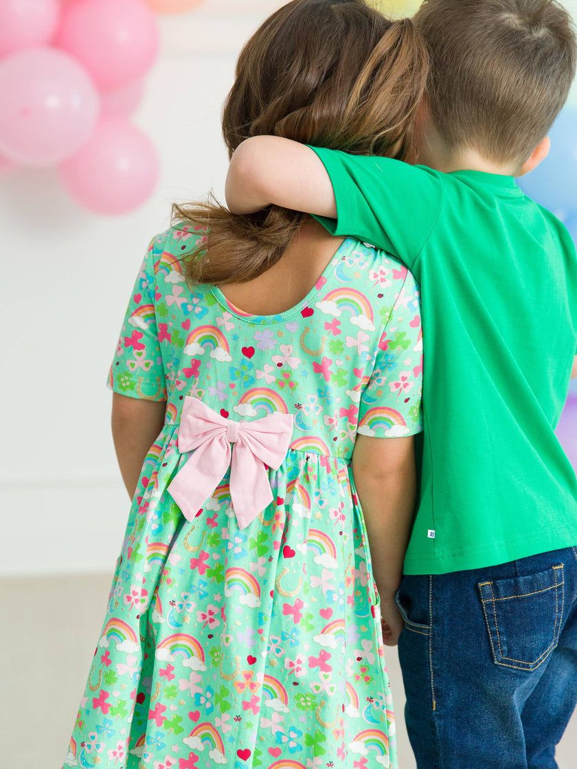 Green Lucky Day Short Sleeve Knit Twirl Dress