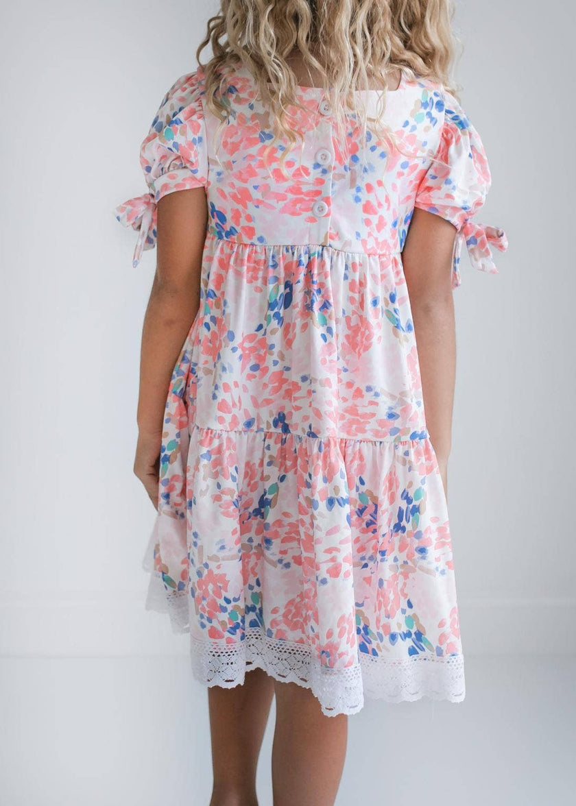 Kids Pink & Blue Lace Tiered Square Neck Dress