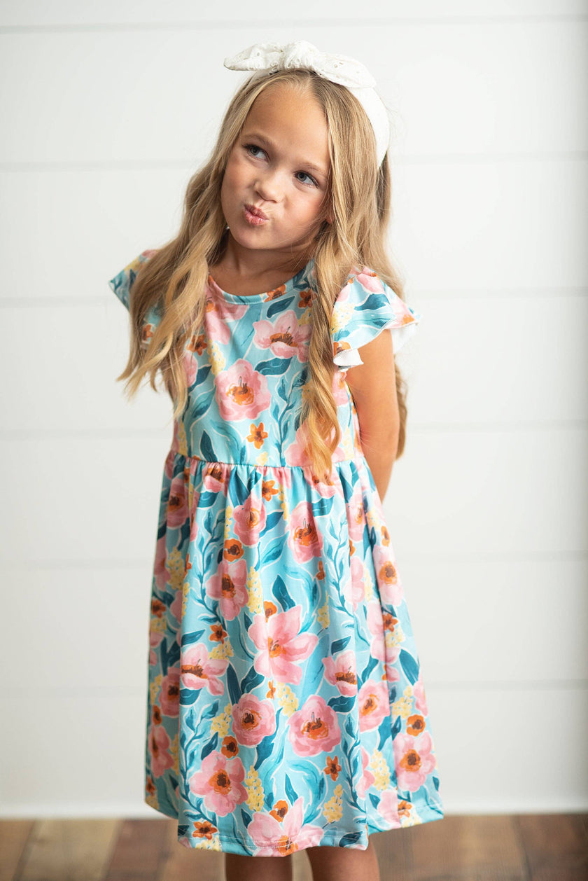 Girls Claire Teal & Pink Floral Spring Summer Twirl Dress