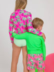 Tween Girls Neon Palm Paradise Long Sleeve Zipper Rash Guard 2-Piece Swimsuit