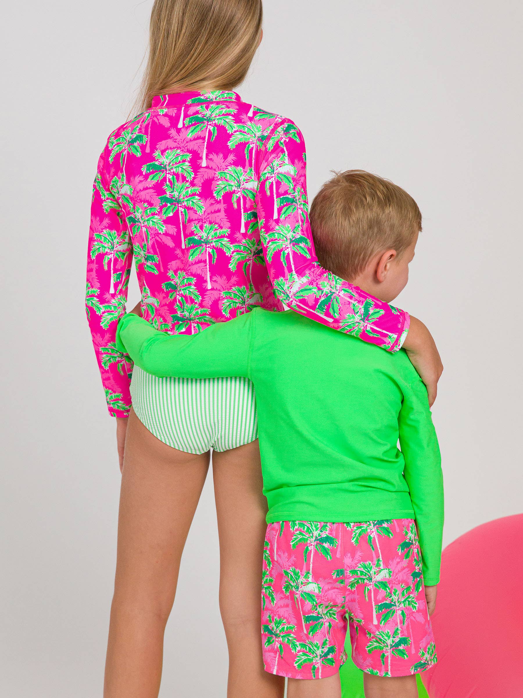 Tween Girls Neon Palm Paradise Long Sleeve Zipper Rash Guard 2-Piece Swimsuit