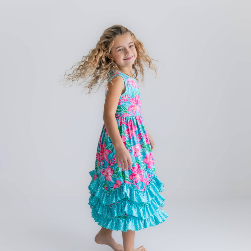 Pink Blue Tropical 3 Ruffle Spring Summer Easter Dress