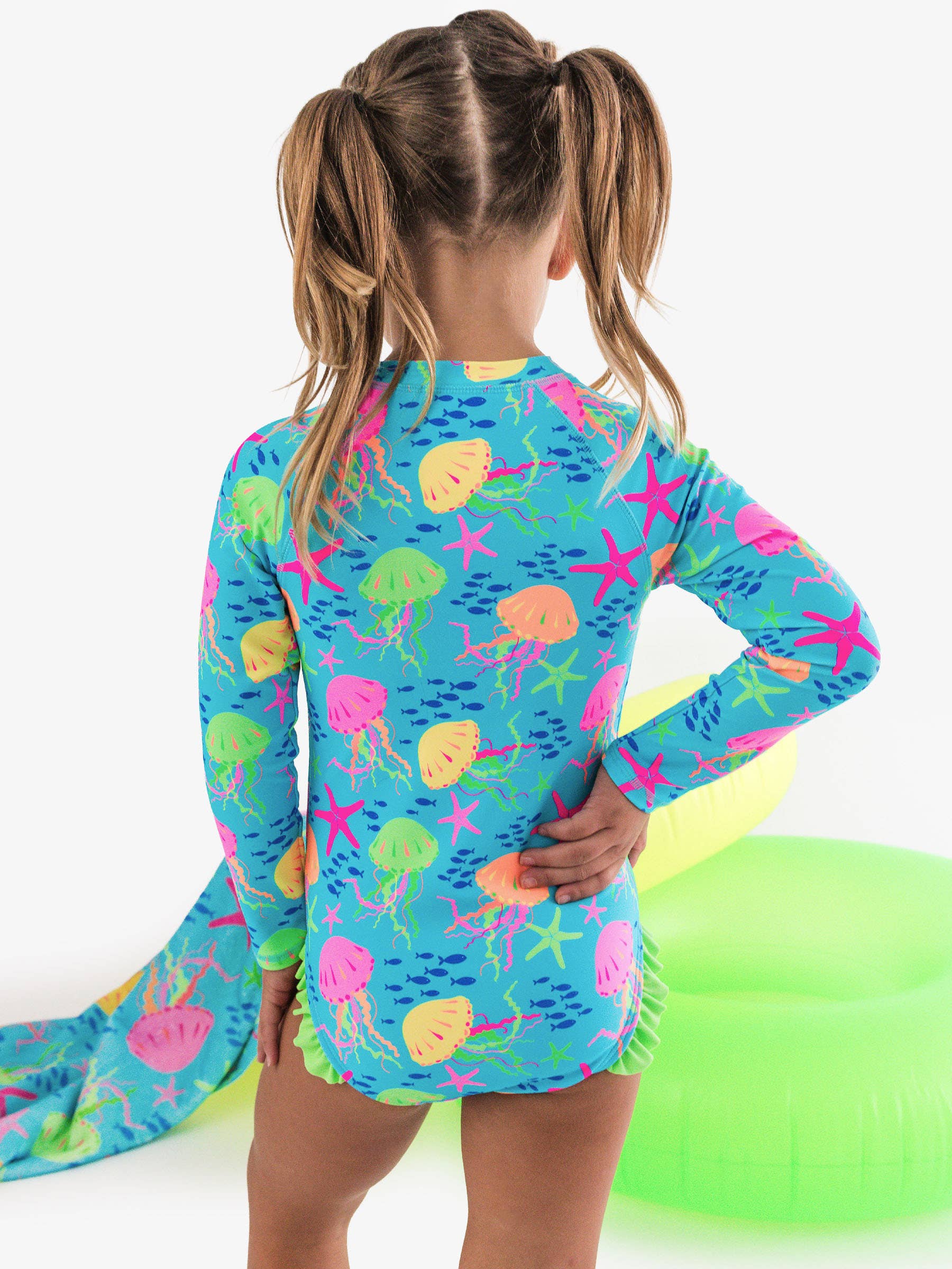 Girls Neon Jelly Time Long Sleeve One Piece Rash Guard Swimsuit