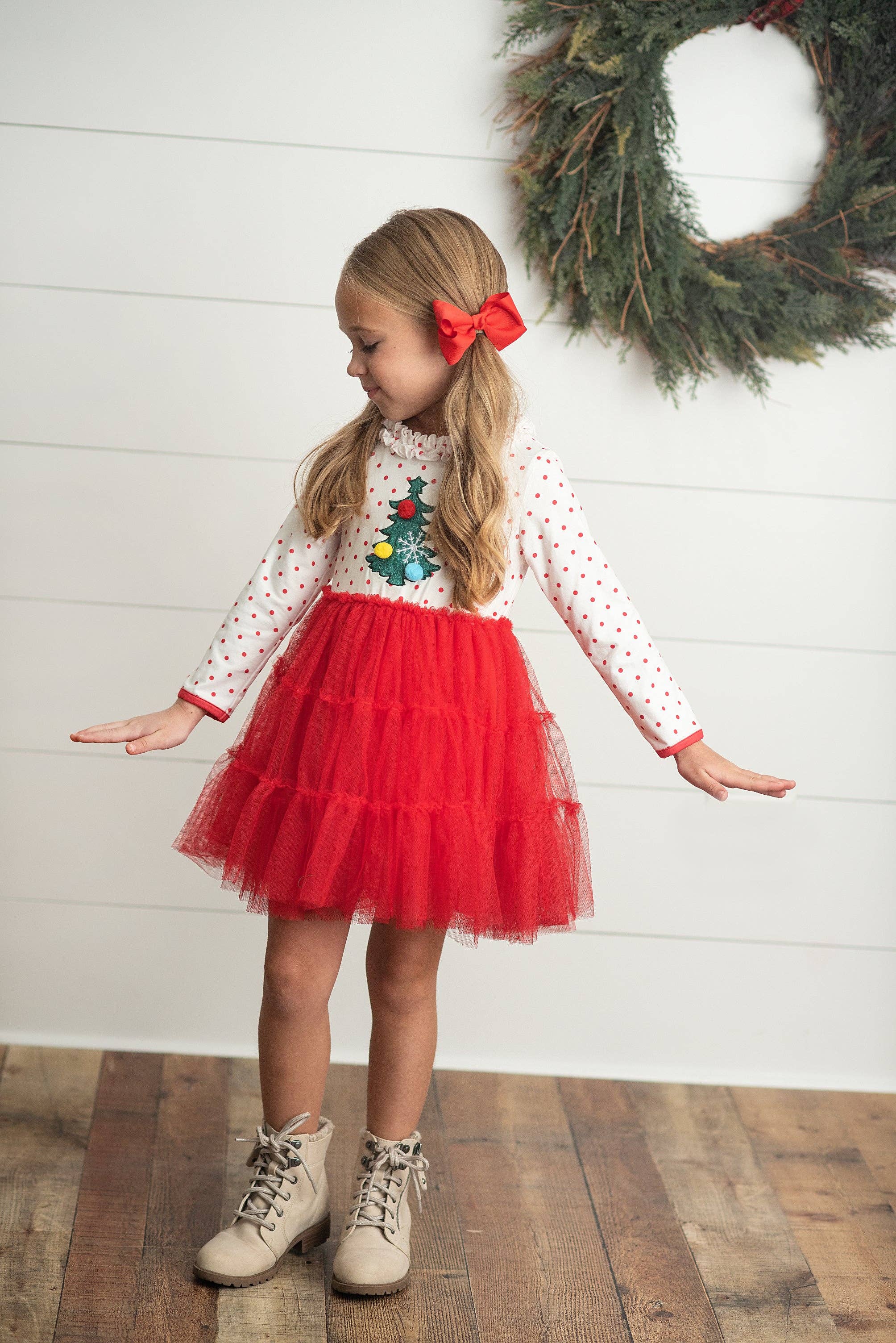 Kids Red & White Dot Pom Pom Christmas Tree Tulle Dress Little-Minnows Kids Red & White Dot Pom Pom Christmas Tree Tulle Dress Little-Minnows