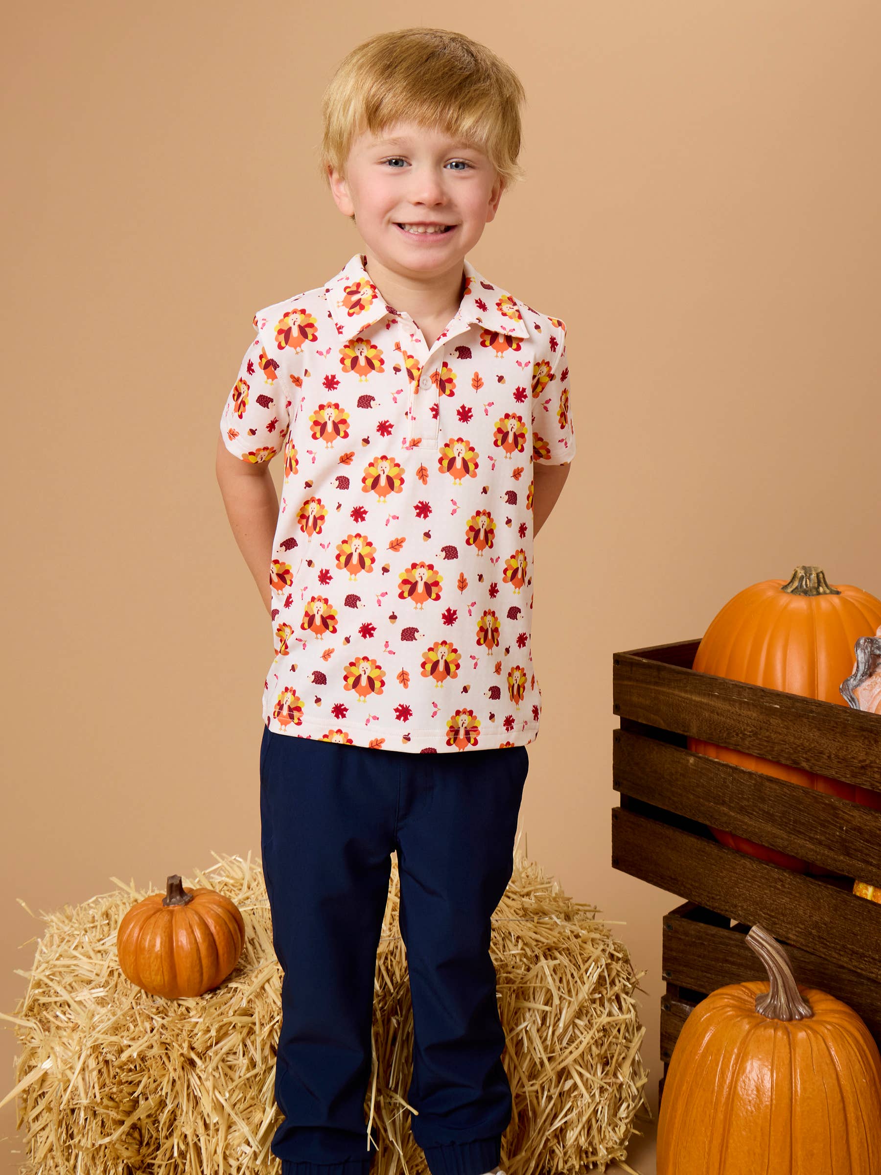 Boys Thanksgiving Turkey Gobble Knit Short Sleeve Performance Polo