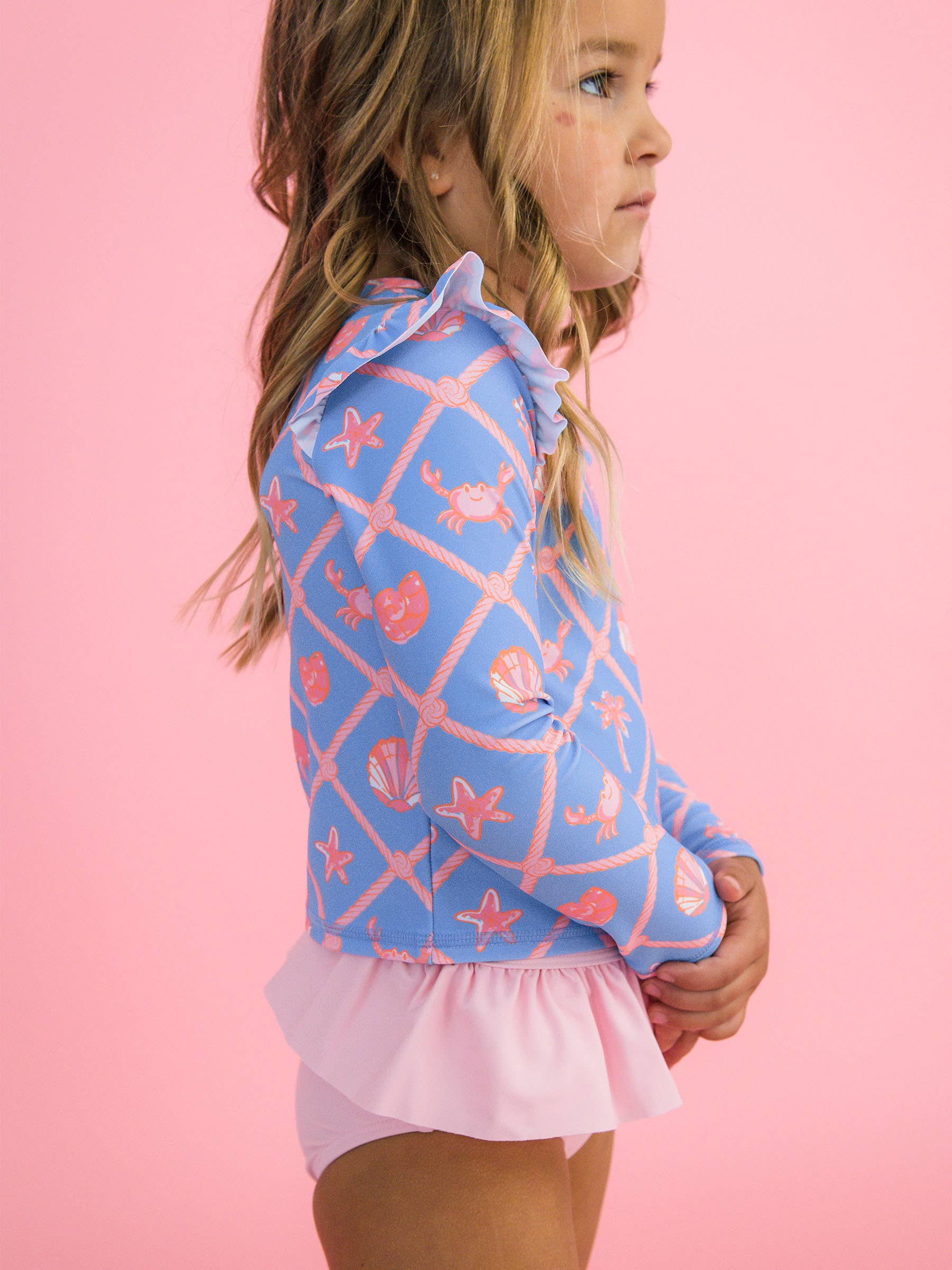 Girls Tropical Trellis Flutter Long Sleeve Rash Guard Skirted 2-Piece Swimsuit