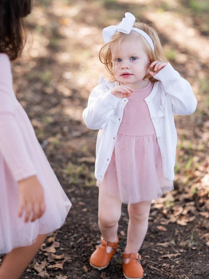 Girls Off-White Sweater Knit Ruffle Trim Cardigan