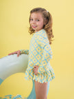 Girls Banana Coastal Charm Scallop Hem Long Sleeve Rash Guard 2-Piece Swimsuit with Signature Rear Ruffles