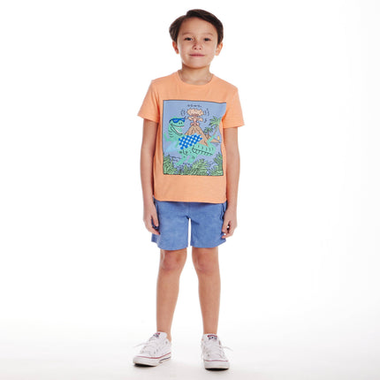 Applique Graphic Tee & Blue Washed Knit Cargo Short Set | Orange Dino