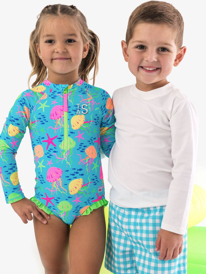 Girls Neon Jelly Time Long Sleeve One Piece Rash Guard Swimsuit