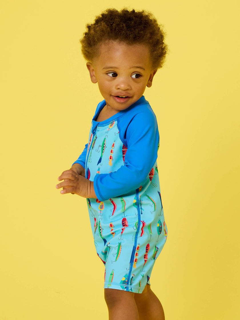 Baby Boys Gone Fishin Long Sleeve One Piece Rash Guard Swimsuit