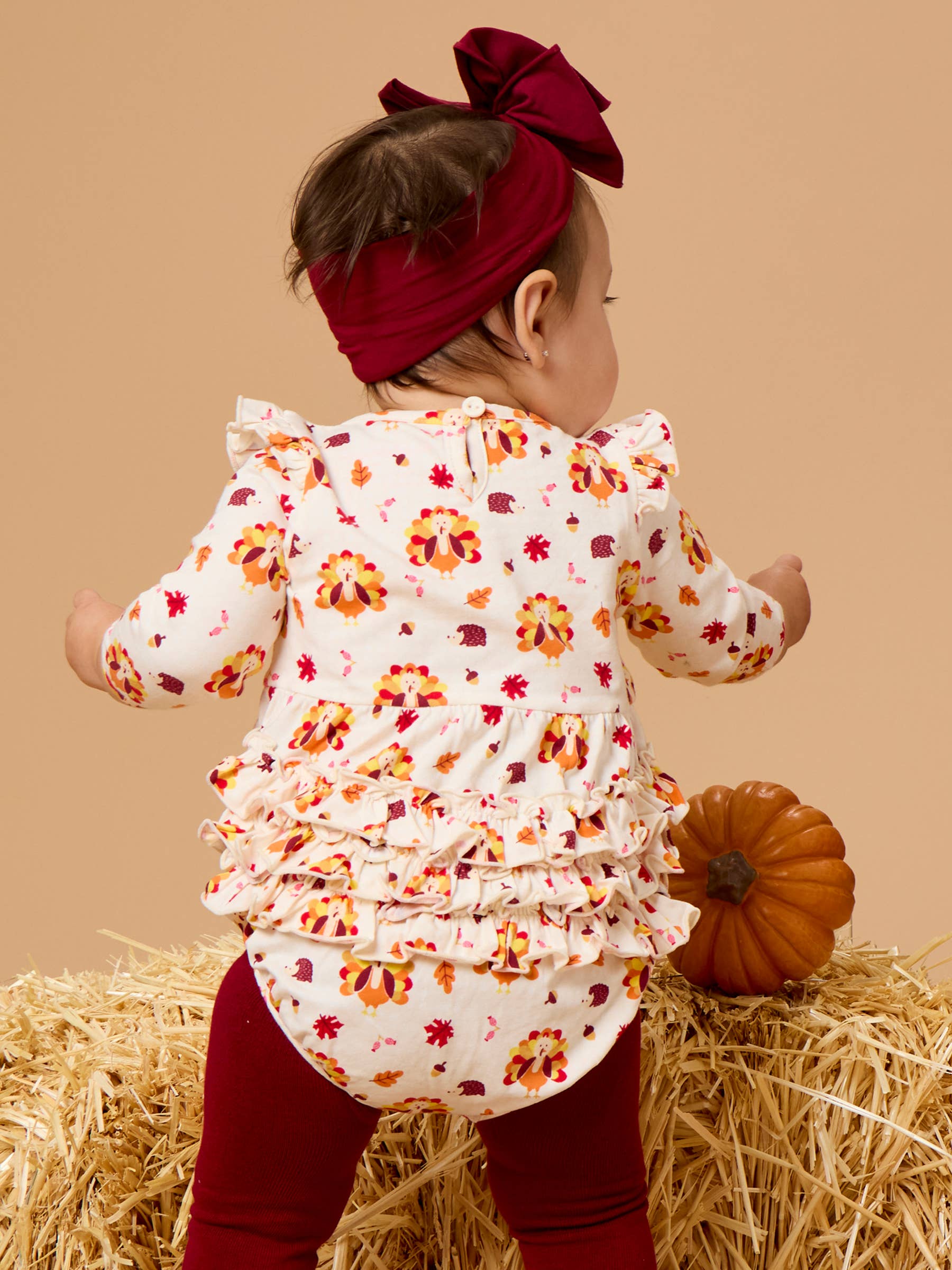 Baby Girls Thanksgiving Turkey Gobble Knit Long Sleeve Flutter Bubble Romper
