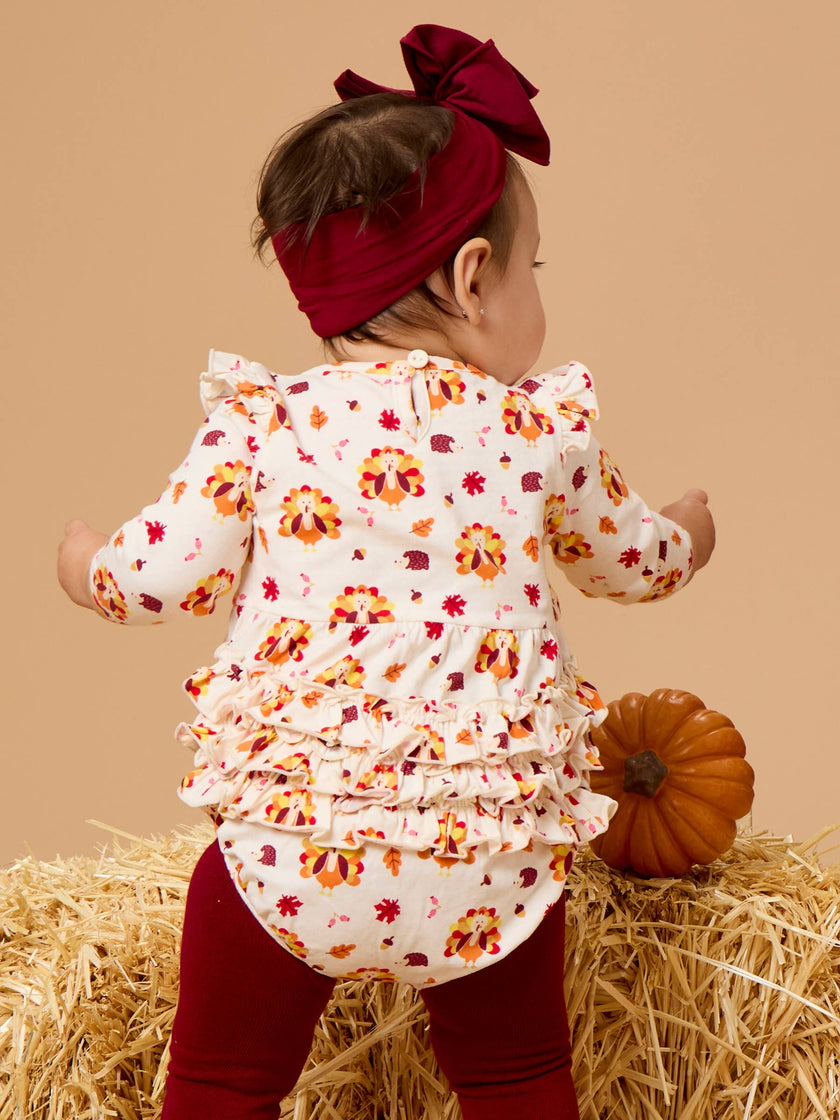Baby Girls Thanksgiving Turkey Gobble Knit Long Sleeve Flutter Bubble Romper