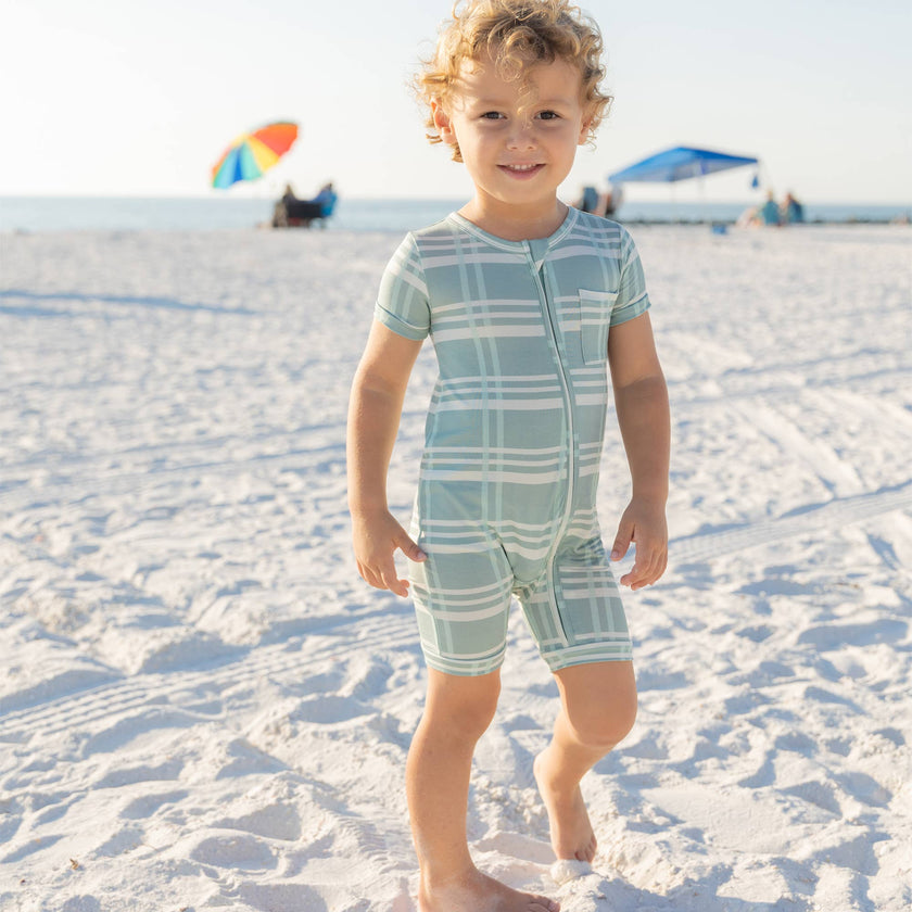 Blue Plaid Bamboo Baby Shortie Romper