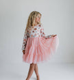 Girls Pink Retro Flower Print Swiss Dot Tulle Fall Dress