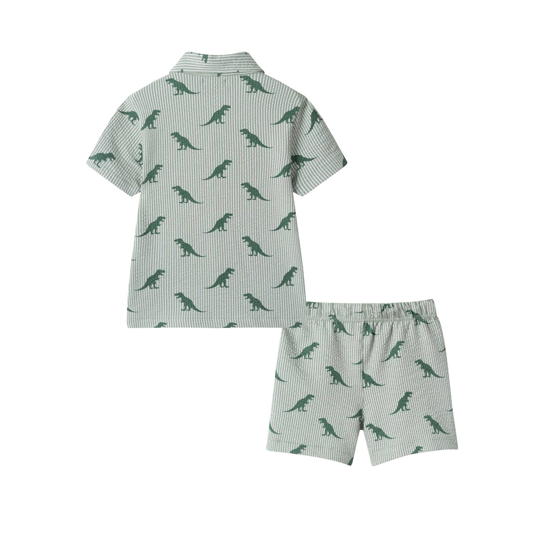Boys Short Sleeve Cabana Set | Green Stripe Dino
