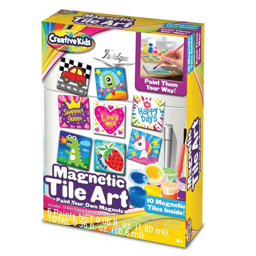 * CREATE-YOUR-OWN TILE MAGNETS – All-in-One Arts and Crafts Set Comes w/ All the Supplies Boys & Girls Need to Make Original Artwork * 6 COLORFUL PAINT POTS – Kit Includes Assorted Primary and Secondary Colors for Their Artistic Expression; High Quality Paints Are Safe, Non Toxic & Washable * 10 TILE SQUARES W/ MAGNETIC BACKING – Bulk Party Pack Lets Little Ones Decorate 10 Separate Tiles for Fun Mosaic Design, Educational Letters & Beyond * HOURS OF IMAGINATIVE PLAY – Craft Projects Provide End