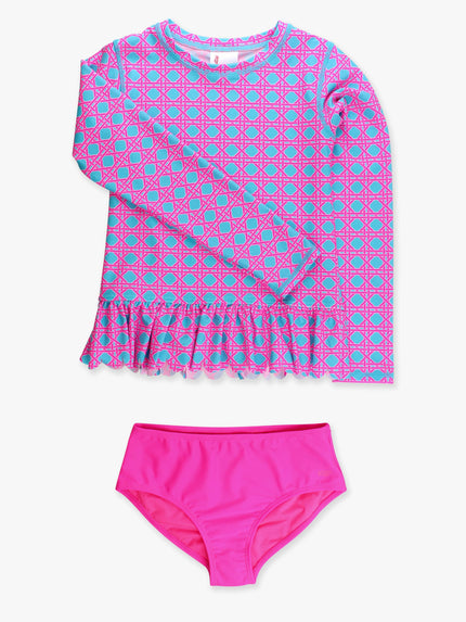 Tween Girls Neon Sorbet Cane Scallop Hem Long Sleeve Rash Guard 2-Piece Swimsuit