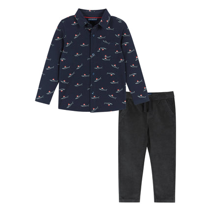 Boys Baby Holiday Knit Buttondown Set - Navy Sharks Design