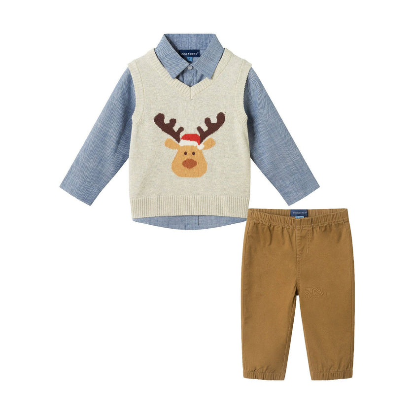Infant Sweater Holiday Vest Set | Beige Reindeer