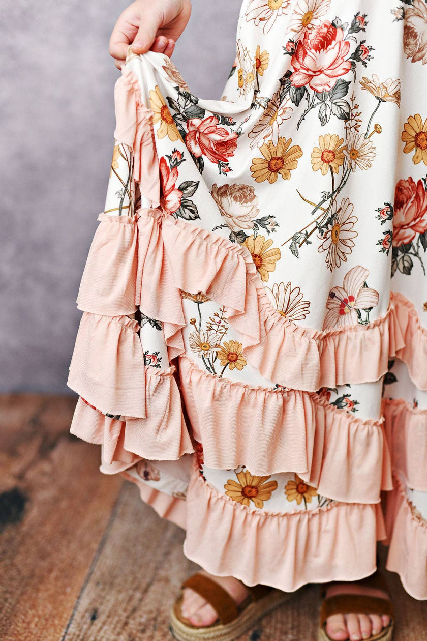 Kids Ivory Botanical Flutter Sleeve Ruffles Spring Dress