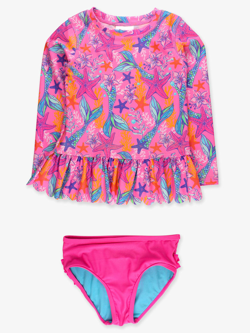 Girls Neon Shimmer Mermaid Scallop Hem Long Sleeve Rash Guard 2-Piece Swimsuit with Signature Rear Ruffles