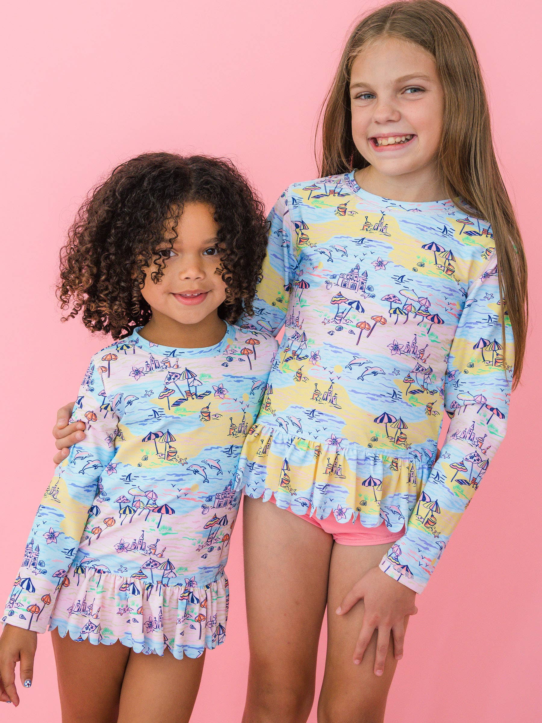 Tween Girls Beach Day Scallop Hem Long Sleeve Rash Guard 2-Piece Swimsuit
