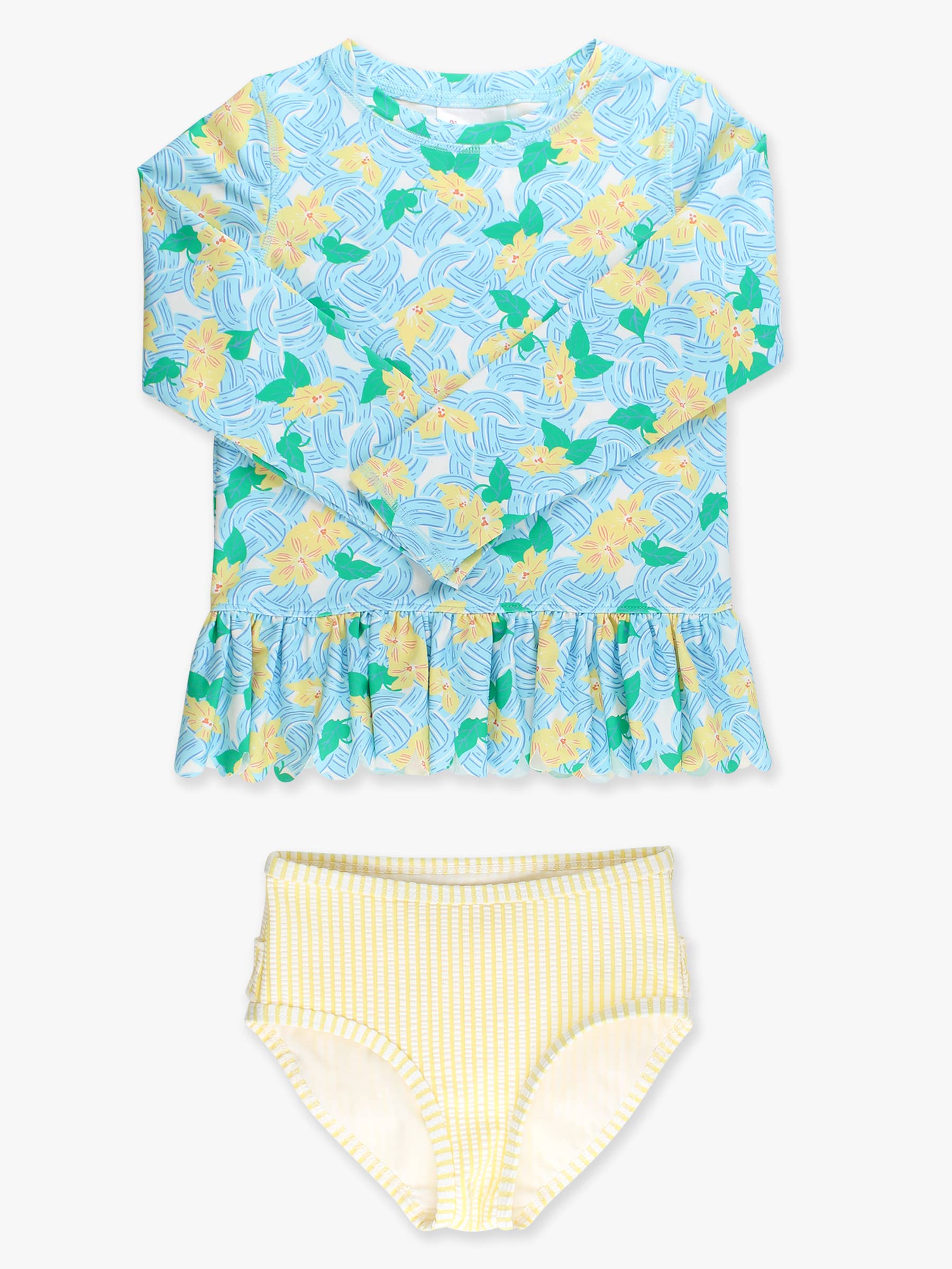 Girls Blooming Basket Scallop Hem Long Sleeve Rash Guard 2-Piece Swimsuit with Signature Rear Ruffles
