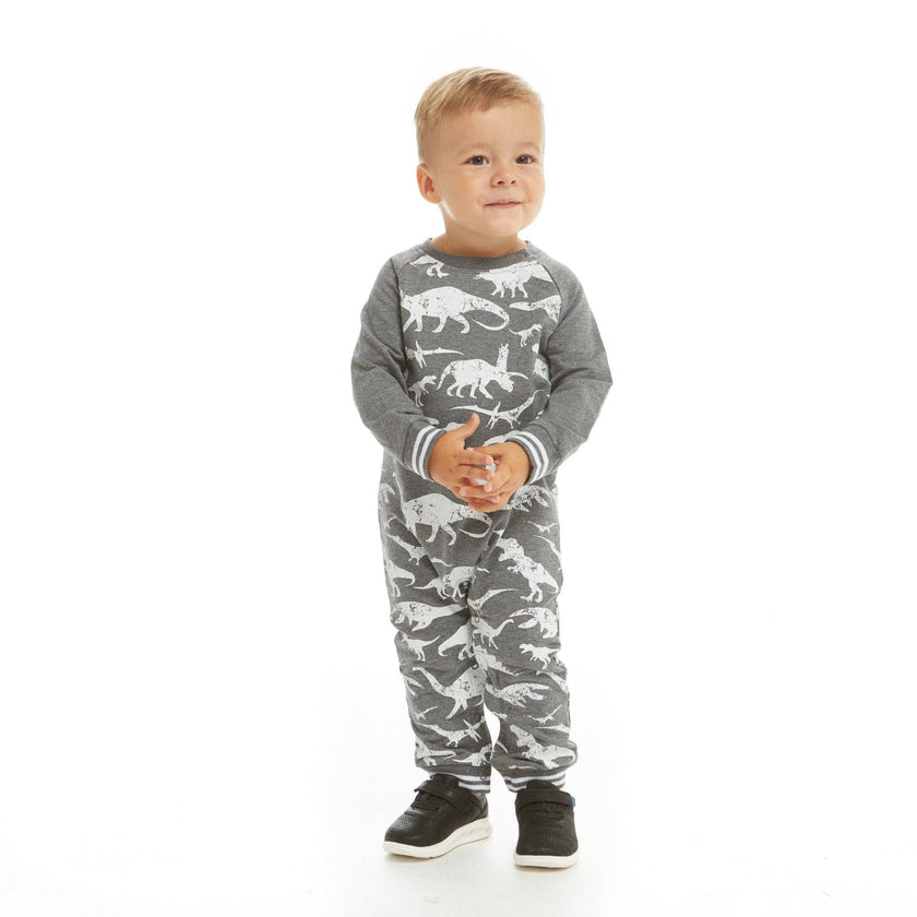 Infant Distressed Dinosaur Crewneck Romper | Grey