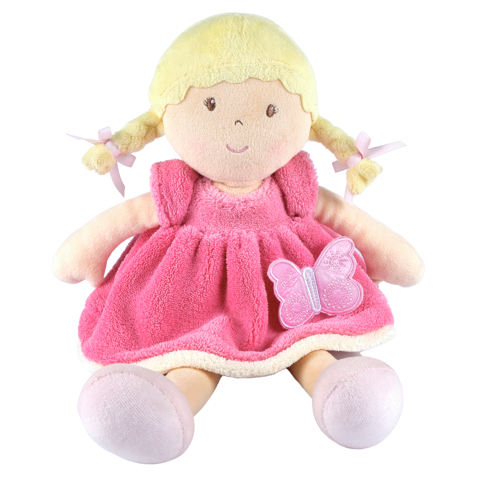 Part of our Butterfly Kids Collection, Ria is adorable, delightfully soft, and is the perfect doll to comfort your little doll. Size: 13.7in Age Recommendation: 0+ months Features: Soft body doll with plush hair, embroidered facial features, and decorative butterfly trim. Product care: For full washing instructions see product label. For light cleaning, wipe surface of the toy with soapy water and a damp cloth and air dry. Dress - 100% Polyester Polymide Skin , Hair and Shoes - 100% Polyester Soft boa Filli
